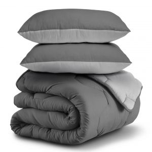 Couette 220x240 Cm Abby Bicolore Gris Clair Et Gris 300 Gr + 2 Oreillers - Neuf