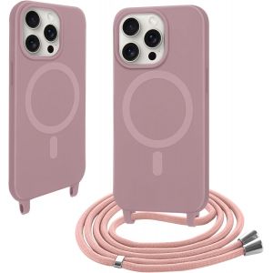 LORANKA-pour iPhone 16 Pro Max avec Cordon, [Compatible avec MagSafe] Magn&eacute;tique Coque Ultra Mince Souple TPU Silicone &Eacute;tui Housse avec Collier Lanyard Lani&egrave;re en Corde Case Camera Antichoc, Rose - Neuf
