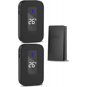 HUEJ-Sonnette Sans Fil,Carillon Sans Fil Sans Pile,Bouton Sonnette Auto-Alimenté Kit Carillon Électronique Affichage De La Température Avec 38 Sonneries,4 Mode Volume Pour Maison,Bureau (Noir,1+2 - Neuf