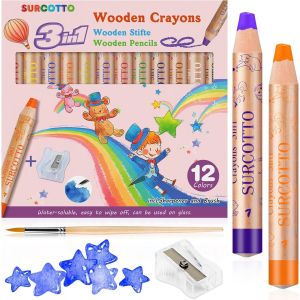Tianyi-Lot De 12 Crayons De Couleur 3 En 1 Pour Enfants, Solubles Dans L'eau, Avec 1 Taille-Crayon Et 1 Pinceau, Crayons De Cire En Bois Épais, Crayons De Cire Aquarelle, Crayons De Peinture Pour - Neuf