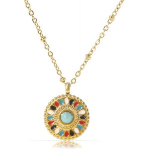 Kal-Collier Pour Femme Doré Avec Pendentif Mandala Et Pierres Précieuses Multicolores Ou Vertes, En Acier Inoxydable Chirurgical, 40 + 5 Cm, Bijou Bohème, Étanche Et Hypoallergénique - Neuf