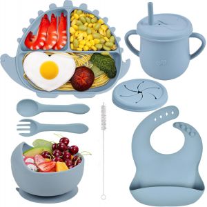 Kal-Silicone Assiette Pour B&eacute;b&eacute; Set Vaisselle 8 Pi&egrave;ces Antiderapant Coffret Repas Avec Ventouse Bol Cuill&egrave;re Fourchette Bavoir Tasse Couvercle Set Repas Pour Enfant Gar&ccedil;on, Bleu Clair Dinosaure - Neuf
