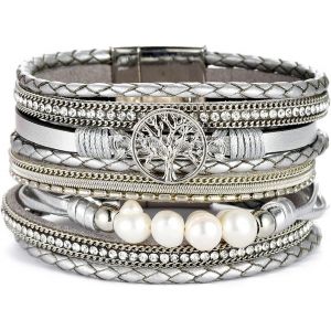 Eryi-Bracelet En Cuir Multicouche Manchette Arbre De Vie Style Bohémien Avec Boucle Magnétique,Bracelet Tressés Pour Femmes Épouse Mère - Neuf