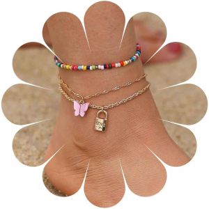 Bracelet De Cheville Avec Pendentif Papillon Multicouche Bracelet De Cheville Avec Perles De Rocaille Bracelet De Cheville Avec Cadenas En Or Bracelet De Cheville Avec Cadenas 3pcs - Neuf