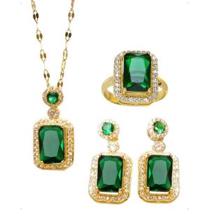 Kales-Parure Bijoux Cristal Femme,Cristal Ensemble Collier Boucle D'oreilles Bague Ajustable Avec Zircon Cubique,3 Pièces Bijoux Necklace Parure Bijoux Fantaisie Set Pour Femmes Et Filles (Vert) - Neuf