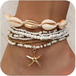 Kalsw-7 Pièces Ensemble De Bracelets De Cheville Coquillage Pour Femmes,Bracelet De Cheville Réglable Avec Perles Bohèmes,Plage Hawaïenne,Coquillage,C?ur,Étoile De Mer,Coquillage,Bijou - Neuf