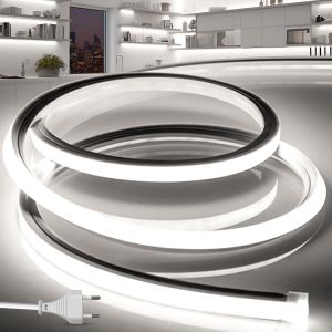 Ruban Led Exterieur Etanche 15m 220v Bande Neon Led Flexible Blanc Bandeau Outdoor Ip65 10mm Silicone D&eacute;coupable Imperm&eacute;able Int&eacute;rieure, Inclus Adaptateur Secteur, Pour Cuisine - Neuf