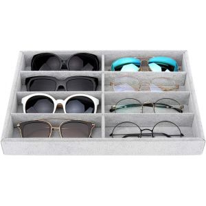 Jexnovashop-Bo&icirc;te De Rangement Lunettes, Organisateur De Bijoux &Agrave; 8 Fentes En Velours, Pr&eacute;sentoir De Rangement Multifonctionnel Pour Lunettes De Soleil Boucles D'oreilles Bijoux Montre Bracelet, Gris - Neuf