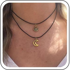 Collier Ras Du Cou En Cuir Noir Superpos&eacute; Pendentif Soleil Lune &Eacute;toile Collier En Velours Colliers Courts En Cuir Fin Colliers Ras Du Cou &Eacute;toile Lune Breloque Or - Neuf