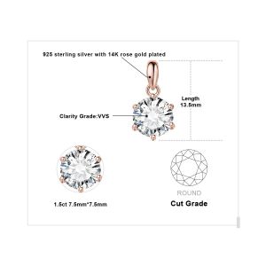 Jewelrypalace Moissanite D Couleur 1ct 1.5ct 2ct 3ct Rond 925 En Argent Sterling Pendentif Collier Pour Femme Sans Cha&icirc;ne-1.5ct Rose Color-Gra Certificate - Neuf