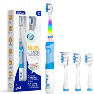 Nsiecd-Seago Brosse &Agrave; Dents &Eacute;lectrique Enfant Avec Led Color&eacute;e, Minuteur 2 Min, 4 T&ecirc;tes Rempla&ccedil;ables, Brosse A Dent Enfant Pour 3-12 Ans, Sg977 (Bleu Clair) - Neuf