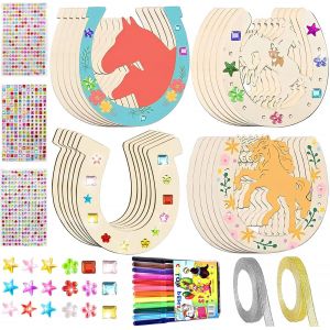 KALANKA-Lot de 24 fers à cheval pour anniversaire d'enfant en bois, chevaux en bois, disques en bois en fer à cheval en forme de fer à cheval, 3 autocollants à paillettes, 2 rubans pailletés - Neuf