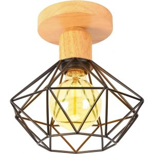 KAL-Plafonnier Luminaire Industrielle, Lustre Suspension Interieur, Vintage Plafond Abat-Jour Bois Et Métal 220Mm Lampe E27 Corde Ajustable Pour Salon Cuisine - Neuf