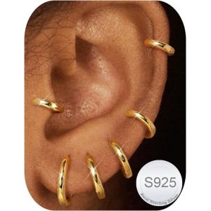 Kal-6paires Cr&eacute;oles En Argent 925 Pour Femmes Hommes Plaqu&eacute; Or 14k Piercing Oreille Zircone Cubique Hypoallerg&eacute;nique Cartilage Daith Helix Boucles D'oreilles Petites Cr&eacute;oles 6/7/8/9/10/12mm - Neuf