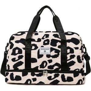 acdsgd-Sac de Sport Femme Grand, 42.43L, avec Compartiment Chaussures & Poche Humide, Sac de Voyage L&eacute;opard Bagage &agrave; Main L&eacute;ger, Sacs de Sport Imperm&eacute;able Femme pour Yoga/Weekend/Gym/Voyage, Noir - Neuf