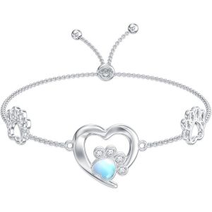 Bracelet À Empreintes De Pattes En Argent Sterling Avec Empreintes De Pattes De Chien Et Pierre De Lune - Bracelet Réglable - Cadeau Pour Femme Et Fille - Neuf