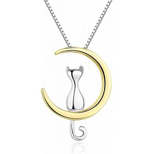 Collier Chat Argent, Collier Femme Personnalisé, Collier De Chat,Pendentif En Forme De Croissant De Lune Et Chat,Lune Pendentif Collier Bijoux,Valentin Anniversaire Pour Mère Petite Amie Soeur - Neuf