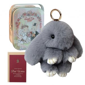Porte-cles lapin en fourrure, adorable ensemble de pendentifs en peluche avec carte cadeau et mini boite en fer blanc - Neuf