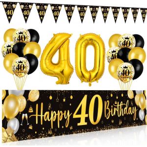 LETNERNY-Decoration Anniversaire 40 Ans Noir Or Homme Femme, Banderole Anniversaire 40 Ans, Ballon 40 Ans Noir Or, Triangle Bannière Joyeux Anniversaire, Décoration De Fête Toile Affiche Fond Photo N - Neuf