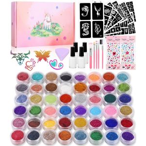 Kalanka-546 Kit Tatouage Paillettes Enfant Filles,Tatouage Enfant 48 Couleurs, 250 Pochoir Tatouage,5 Pinceaux,Non-Toxique Kit Maquillage De Tatouage Paillette Temporaires, Cadeau Pour Anniversaire C - Neuf