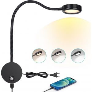 ERYI-Lampe De Lecture Murale, Lampe De Chevet Led Chambre Applique Avec Bouton Tactile Lumière Réglable 3000K-6000K, 4W 360° Lampe Col De Cygne Flexible Avec Port De Charge Usb, Noir - Neuf