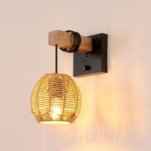 Applique Murale Int&eacute;rieur Vintage,Lampes Murale Boho Avec Interrupteur,Bois Cage Applique Rotin Luminaire Murale E27 Pour Chevet,Salon,Chambre,Couloir (Sans Ampoule) - Neuf
