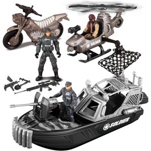 Sansh-9 Pièces De Bateaux De Combat Et De Véhicules Militaires Avec Bateau De Combat Militaire Ressemblant, Mini Hélicoptère, Moto, Figurines De Soldats De L'armée Et Autres Accessoires-Trahoo - Neuf