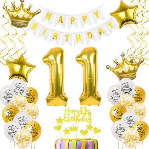 Gold 11Th Birthday Balloon - Party Decoration For Girl And Boy - White And Gold - Cake And Accessories For Birthday - Neuf