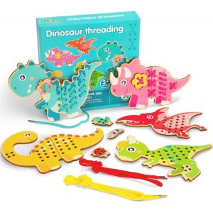 ChenQuanSarl-Jouets De Filetage En Bois, Dinosaures Jeu D'Enfilage De Perles, Ensemble De Perles &Agrave; Enfiler D'Apprentis &Eacute;ducatifs Motricit&eacute; Fine Jouets Pour Enfants Gar&ccedil;ons Filles 3+ Ans - Neuf