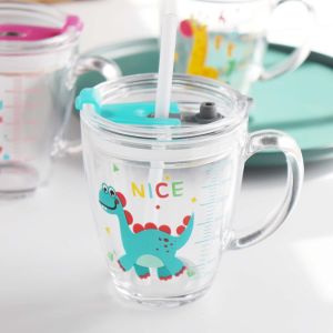 Tasse À Lait Enfant Avec Paille Silicone Et Couvercle - Verre Transparent 400ml - Eau De Dessin Animé Avec Échelle - Neuf