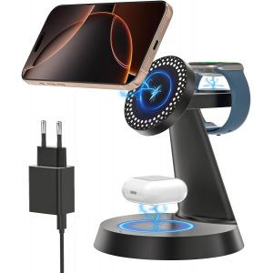 CMWX-Chargeur Induction 3 en 1 Magn&eacute;tique, 15W Chargeur sans Fil Rapide, 15W Station de Charge pour iPhone 16/15/14/13/12, AirPods Pro 4 3 2 Apple Watch(Adaptateur Inclus)-Noir - Neuf