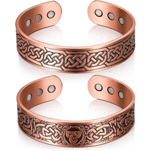 Eryi-2 Pièces Bracelets Magnétiques En Cuivre 99,99% 3500 Gauss Avec 9 Aimants Bracelet Aimanté En Cuivre Réglable Massif Avec Motif Arbre Et Celtique - Neuf