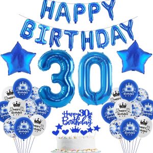 Blue Balloon Decoration 30Th Birthday Man  Transparent, Cake, Happy Birthday Garland - Neuf