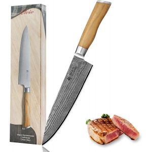 Couteau De Chef En Damas I Lame Tranchante De 20 Cm En Acier Damassé À 67 Couches Avec Noyau Vg10 Et Manche En Bois De D'olivier I Couteau De Cuisine Professionnel & Couteau Damassé - Neuf