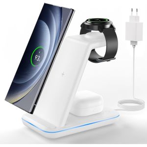 Charging Station For Samsung, 3 In 1 Induction Charger For Samsung S25/S24/S23/S22/S21/Zflip/Fold, Wireless Charger Para Galaxy Watch Ultra/7/6/5, Wireless Charger Para Galaxy Buds - White - Neuf