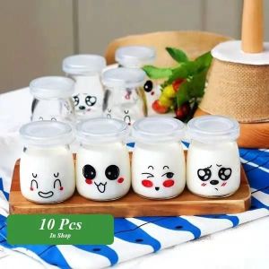 10 Pot Yaourt En Verre Avec Couvercles D&eacute;cor &Eacute;motic&ocirc;ne, Bocal Cr&egrave;me Pot A Dessert Contenance 100 Ml - Neuf