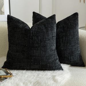 CAUC-Lot de 2 Housses de Coussin en Chenille Douce Design Textur&eacute; Noeud de Bambou D&eacute;coration &Eacute;l&eacute;gante pour Canap&eacute; Lit ou Salon 50x50 cm Noiru200b - Neuf