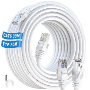 Cable Ethernet 30m, Cable RJ45 30m Cat 6 FTP Blindé Câble Réseau Haute Vitesse, Cable Internet 30 mètres 23AWG Gigabit Cable LAN Imperméable Blanc pour PS4/5 Router (30 Clips) - Neuf