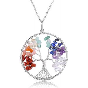 Kal-Bijoux Pendentif Collier 7 Pierres Chakra Naturelles Diy Arbre De La Vie En Cuivre Fil Forme Rond Perles Pierre Precieuse D'energie - Neuf