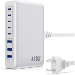 430W Chargeur USB Multiple, 8 Ports GaN &iquest; Tech PD 100W Chargeur Rapide QC PPS Prise USB C Multiple Station de Charge Compatible avec MacBook Pro/Air Laptop, iPhone, iPad Pro,Galaxy, SteamDeck - Neuf