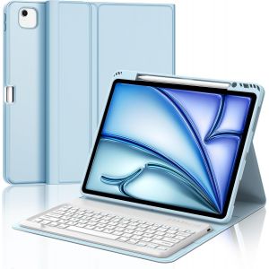 Clavier Ipad Air 13 Pouces (M2 2024/M3 2025), Azerty Français Clavier Coque, Étui Clavier Détachable Sans Fil Bluetooth Pour Ipad Air 13 Pouces M2 2024/M3 2025, Bleu Ciel - Neuf