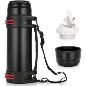 Bouteille Isotherme, Avec Gobelet, 1 L, 1,5 L Ou 2 L, En Acier Inoxydable, Anti-Fuite, Pour Le Camping Ou La Randonn&eacute;e, Avec Poign&eacute;e Et Sangle De Transport, 24 H Chaud Et Froid (1 L) - Neuf