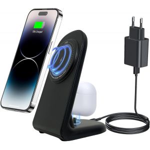 TRAHOO-Station de charge inductive Mag-Safe 2 en 1 - Chargeur sans fil - Support de charge pour iPhone 16/15/15 Plus/15 Pro/15 Pro Max/14/13/12, AirPods 3/2/Pro 1 - Chargeur de t&eacute;l&eacute;phone portable san - Neuf