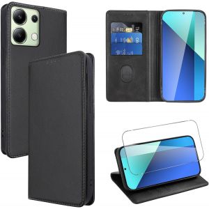 Kal-Coque Cuir Pour Xiaomi Redmi Note 13 4g 6.67"" Avec 1 Verre Trempé Etui À Rabat En Pu Porte-Cartes Portefeuille Support Flip Housse Magnétique Antichoc Anti-Rayures Case,Noir - Neuf