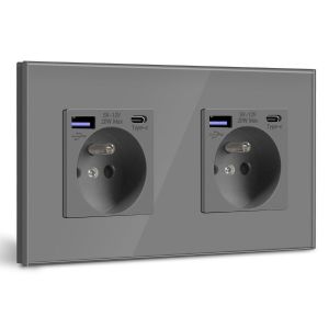 Double Prise Murale avec USB C PD20W,Prise de courant à Encastrer,16A Prise de Courant Alternatif avec Panneau en Verre,Chargeur Rapide Multiprises avec 1USB C 20W,Idéal pour Maison,Bureau-Gris - Neuf