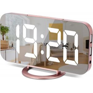 Horloge Num&eacute;rique &Agrave; Grand &Eacute;cran,R&eacute;veil &Eacute;lectrique Led,Surface Miroir Pour Maquillage Avec Mode D'Intensit&eacute;,3 Niveaux De Luminosit&eacute;,Double Ports Usb,D&eacute;coration Moderne Pour La Chambre-Or Rose - Neuf