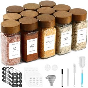 Jexnovashop-Pot &Agrave; &Eacute;pices En Verre Et Bois, 12&times;120ml Ensemble De Bocaux &Agrave; &Eacute;pices Avec Couvercle En Acacia Conteneurs De Rangement Pour &Eacute;pices, &Eacute;tiquette - Neuf