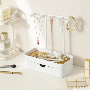 Pr&eacute;sentoir &Agrave; Bijoux Avec Tiroirs, Support &Agrave; Bijoux Avec Base De Rangement En Bois, Organisateur De Bijoux Compact Avec 5 Crochets, Pour Colliers, Bracelets, Bagues Et Boucles D'oreilles, - Neuf