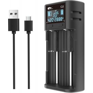 Chargeur de Batterie, Intelligent LCD Chargeur Accu 21700, Chargeur Rapide 2 A pour Batteries 3,7V Li-ION 20700, 1.2 V Ni-MH Ni-CD AA AAA C(avec USB-C) - Neuf