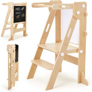 SUBZONAL-Tour d'apprentissage pour Enfants, 3 en 1 Montessori Pliable Tour d Observation, Multifonctionnelle R&eacute;glable Tour d'apprentissage avec Tableau Double Face &agrave; partir de 1 an (Bois) - Neuf